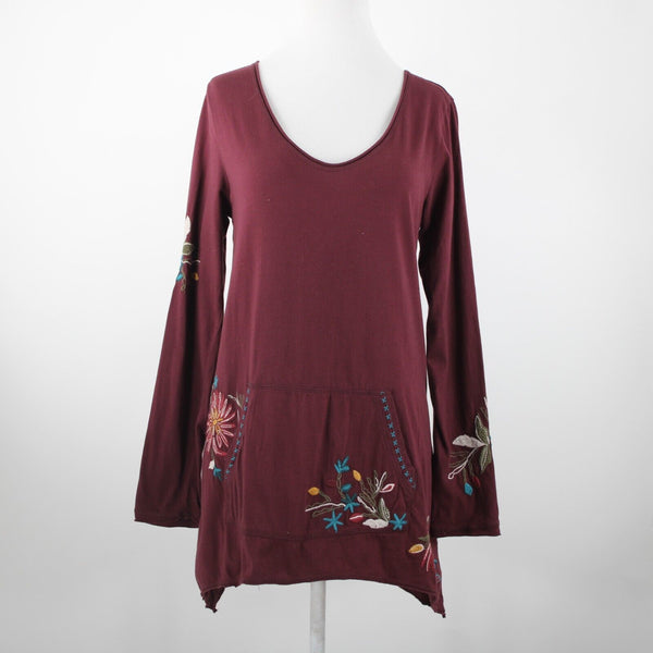 Johnny Was Sz M Burgundy Red Multi Embroidered Pouch Pocket 100% Cotton Poly Top