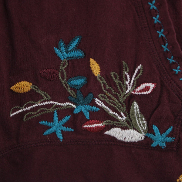 Johnny Was Sz M Burgundy Red Multi Embroidered Pouch Pocket 100% Cotton Poly Top