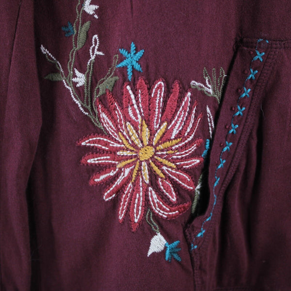 Johnny Was Sz M Burgundy Red Multi Embroidered Pouch Pocket 100% Cotton Poly Top