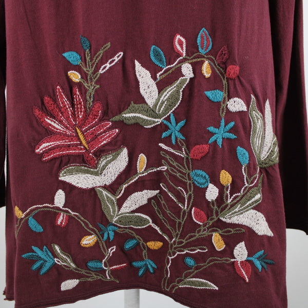 Johnny Was Sz M Burgundy Red Multi Embroidered Pouch Pocket 100% Cotton Poly Top