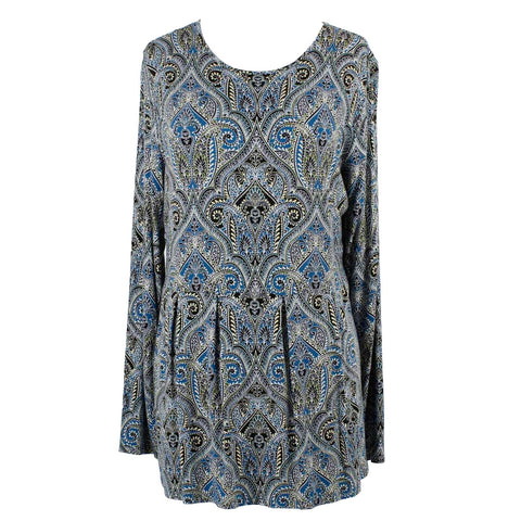 J Jill Sz M Teal Black Multi Paisley Gathered Ruffle Rayon Blend Knit Top