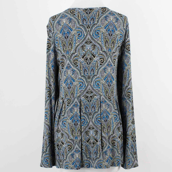 J Jill Sz M Teal Black Multi Paisley Gathered Ruffle Rayon Blend Knit Top