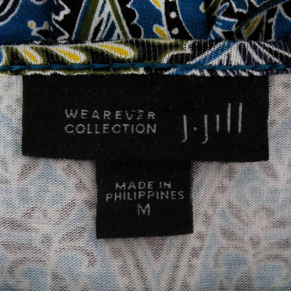 J Jill Sz M Teal Black Multi Paisley Gathered Ruffle Rayon Blend Knit Top