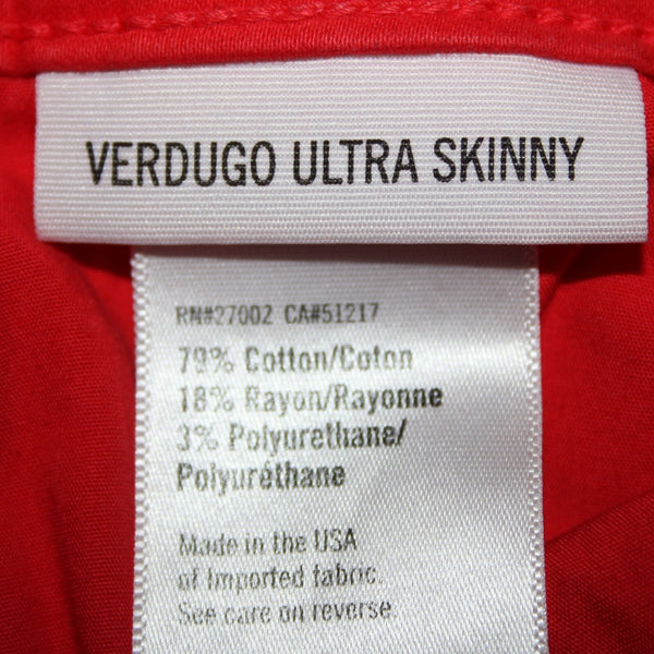 Paige Verdugo Sz 29 x 29 Red Ultra Skinny Pocket Cotton Rayon Polyurethane Jeans