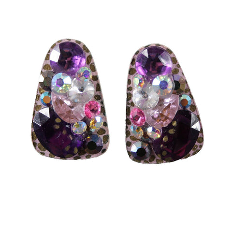KS Designs Purple Silver Pink Rhinestones 2" Huggie Clip On Earrings
