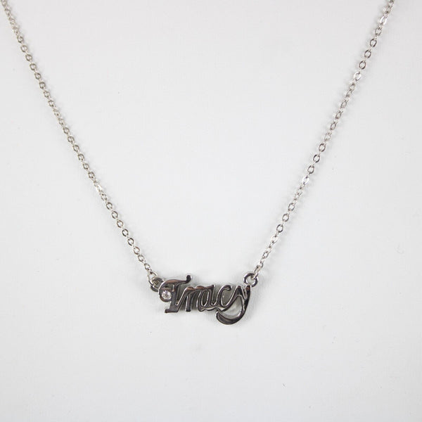 TRACY Name Silvertone Rhinestone 14.5" w 4.5" Multi Ring Ext Necklace