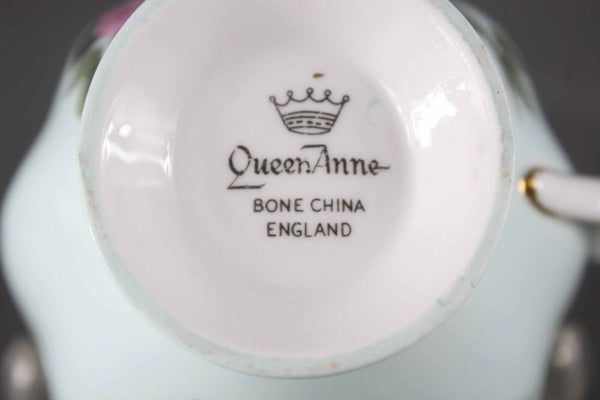Queen Anne Lt Blue Pink Bone China Made In England Tea Cup Saucer Set