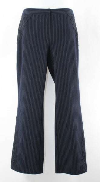 Venezia Stretch Sz 16 x 31" Navy Gray Pinstripe Sequin Lace Poly Blend Pant M291