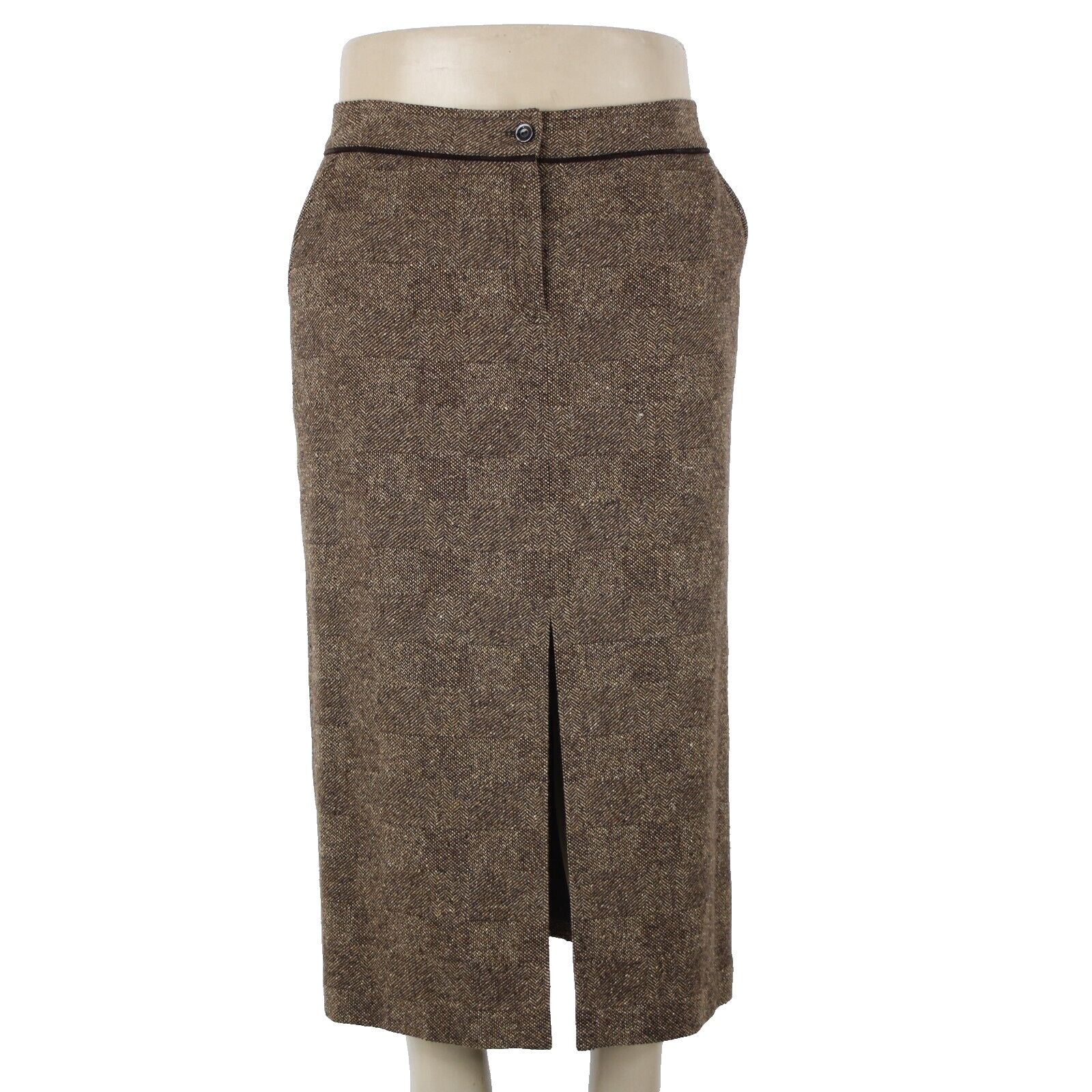 Dana Buchman Sz 16 Brown Tan Lined Pockets Nubby Tweed Wool Nylon Silk Skirt