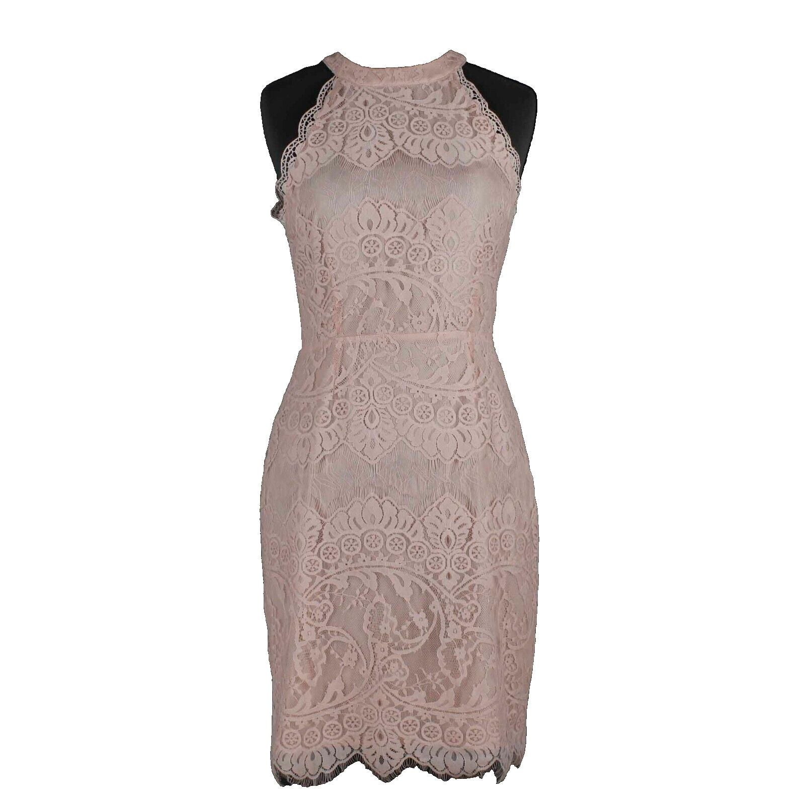 BB DAKOTA Sz 2 Peach Lace Overlay Lined Sheer Back Halter Nylon Poly Dress