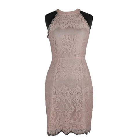 BB DAKOTA Sz 2 Peach Lace Overlay Lined Sheer Back Halter Nylon Poly Dress