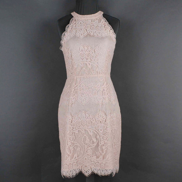 BB DAKOTA Sz 2 Peach Lace Overlay Lined Sheer Back Halter Nylon Poly Dress
