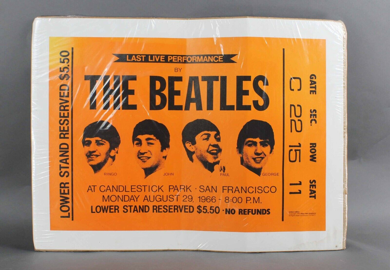 The Beatles Last Live San Francisco Ltd Edition 1992 24 x 15 Ticket