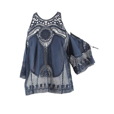Hollister Sz S Navy Blue Cold Shoulder Embroidered Open Knit 100% Cotton Top