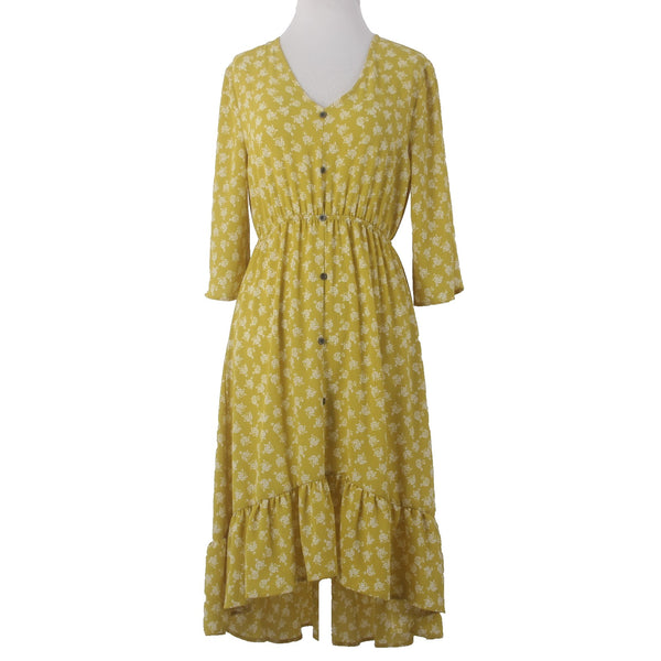 Lapis Dress Sz S Yellow White Floral Buttons Ruffles Hi Lo Polyester Spandex