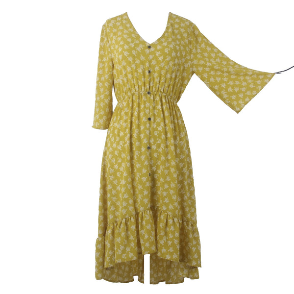 Lapis Dress Sz S Yellow White Floral Buttons Ruffles Hi Lo Polyester Spandex