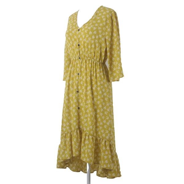 Lapis Dress Sz S Yellow White Floral Buttons Ruffles Hi Lo Polyester Spandex