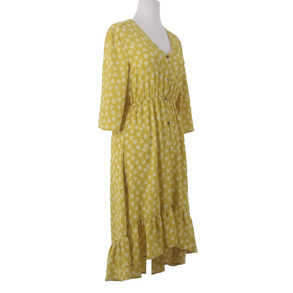 Lapis Dress Sz S Yellow White Floral Buttons Ruffles Hi Lo Polyester Spandex