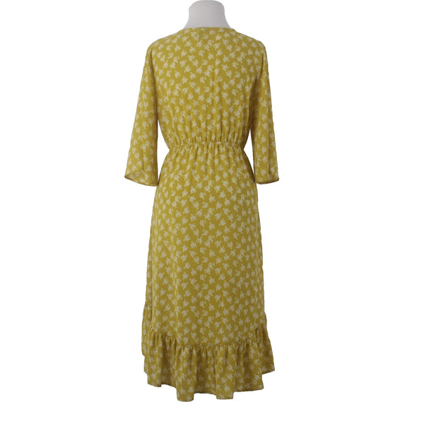 Lapis Dress Sz S Yellow White Floral Buttons Ruffles Hi Lo Polyester Spandex