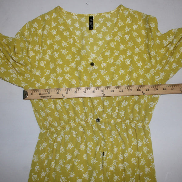 Lapis Dress Sz S Yellow White Floral Buttons Ruffles Hi Lo Polyester Spandex