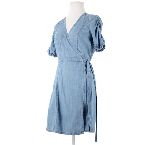 Madewell NEW $118 Sz S Blue Denim V Neck Puff Sleeve Cotton Lyocell Wrap Dress