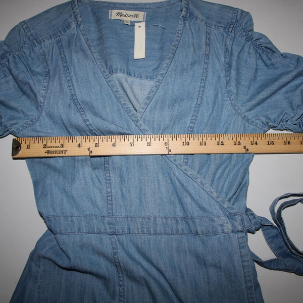 Madewell NEW $118 Sz S Blue Denim V Neck Puff Sleeve Cotton Lyocell Wrap Dress