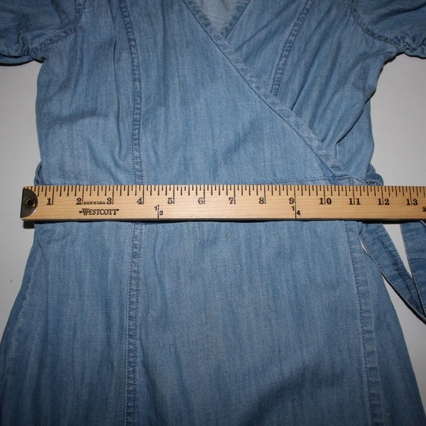 Madewell NEW $118 Sz S Blue Denim V Neck Puff Sleeve Cotton Lyocell Wrap Dress