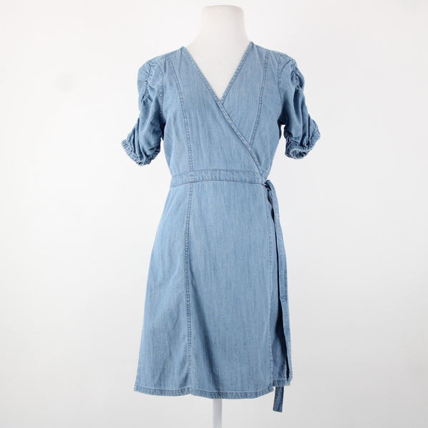 Madewell NEW $118 Sz S Blue Denim V Neck Puff Sleeve Cotton Lyocell Wrap Dress