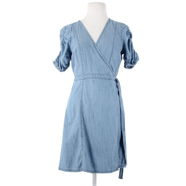 Madewell NEW $118 Sz S Blue Denim V Neck Puff Sleeve Cotton Lyocell Wrap Dress