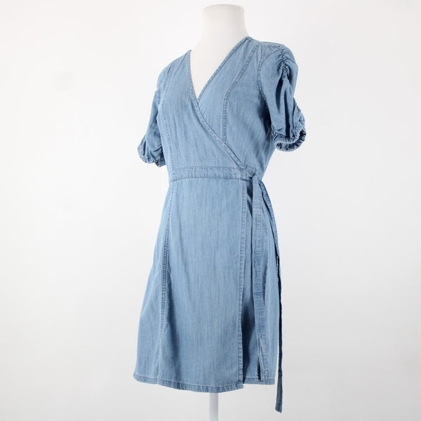 Madewell NEW $118 Sz S Blue Denim V Neck Puff Sleeve Cotton Lyocell Wrap Dress