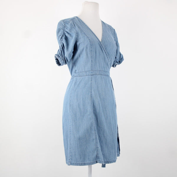 Madewell NEW $118 Sz S Blue Denim V Neck Puff Sleeve Cotton Lyocell Wrap Dress