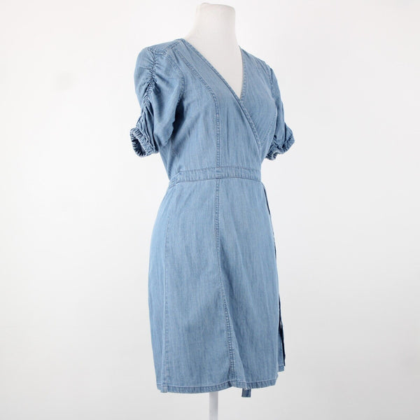 Madewell NEW $118 Sz S Blue Denim V Neck Puff Sleeve Cotton Lyocell Wrap Dress