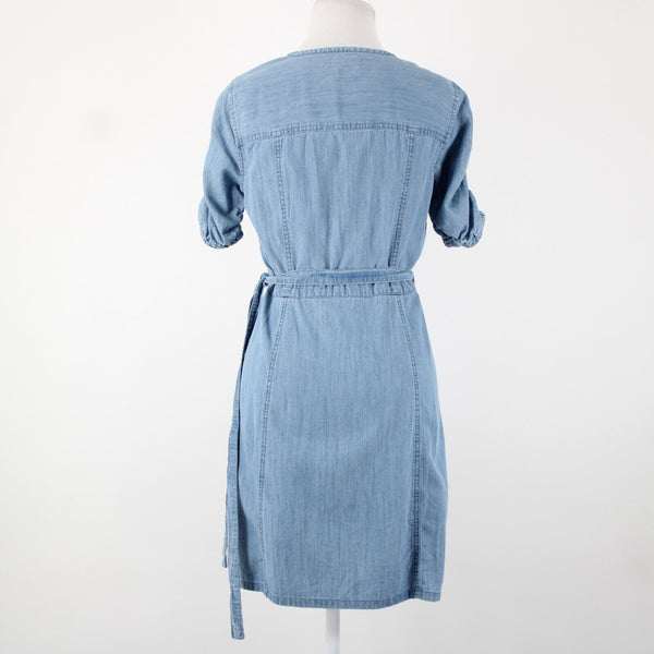 Madewell NEW $118 Sz S Blue Denim V Neck Puff Sleeve Cotton Lyocell Wrap Dress