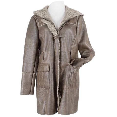 Kenneth Cole GIII NEW $90 Sz L Taupe Hooded Poly Acrylic Vegan Shearling Coat