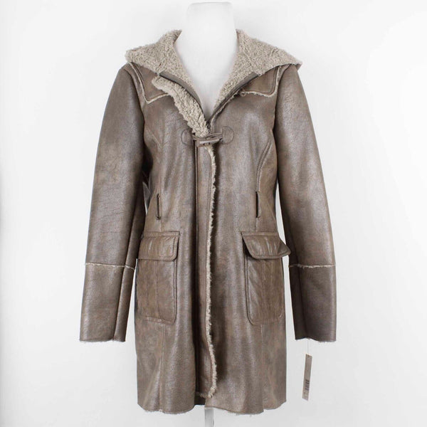 Kenneth Cole GIII NEW $90 Sz L Taupe Hooded Poly Acrylic Vegan Shearling Coat