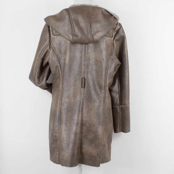 Kenneth Cole GIII NEW $90 Sz L Taupe Hooded Poly Acrylic Vegan Shearling Coat