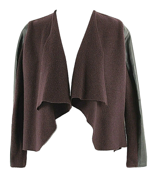Ted Baker London Sz 1 Plum Wool Black Genuine Leather Sleeve Cascade Cardigan