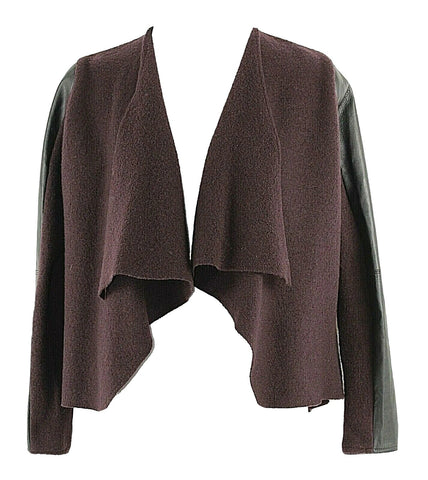 Ted Baker London Sz 1 Plum Wool Black Genuine Leather Sleeve Cascade Cardigan