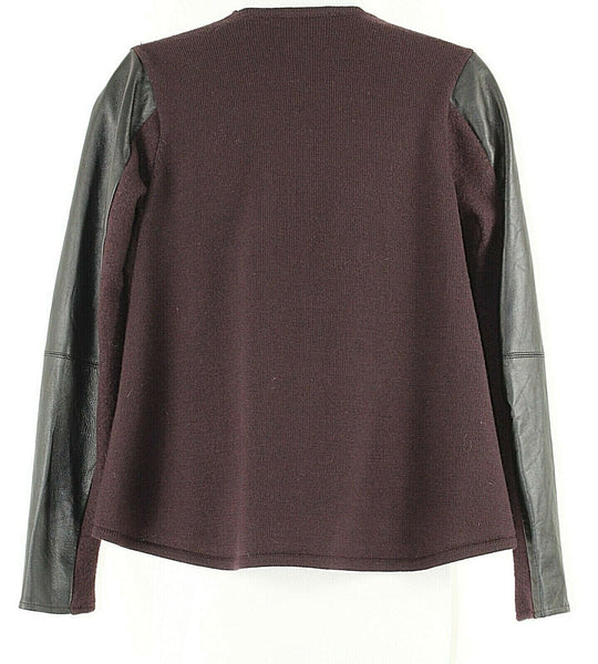 Ted Baker London Sz 1 Plum Wool Black Genuine Leather Sleeve Cascade Cardigan