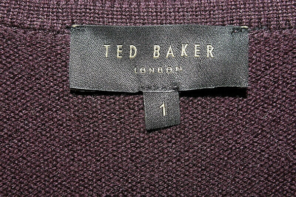 Ted Baker London Sz 1 Plum Wool Black Genuine Leather Sleeve Cascade Cardigan