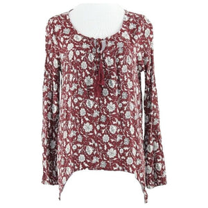 Others Follow Sz S Burgundy Cream Asymmetrical Hem 100% Rayon Bohemian Top