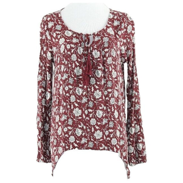 Others Follow Sz S Burgundy Cream Asymmetrical Hem 100% Rayon Bohemian Top