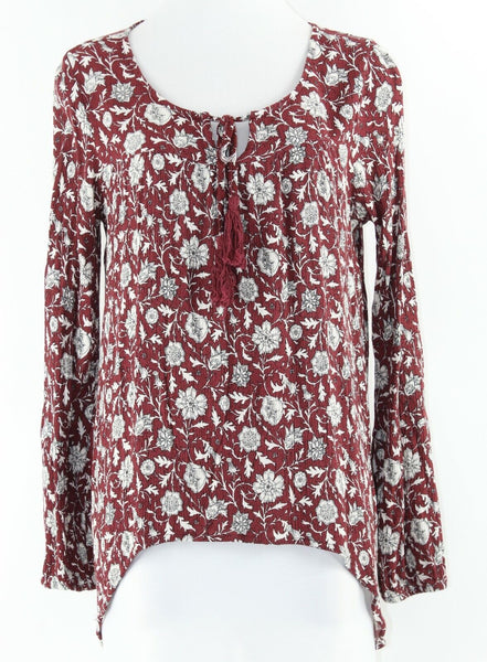 Others Follow Sz S Burgundy Cream Asymmetrical Hem 100% Rayon Bohemian Top
