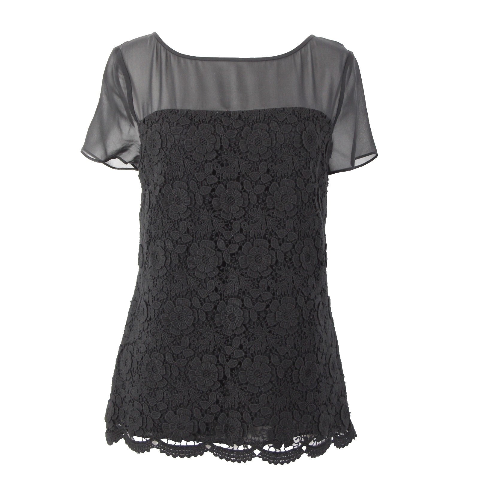 St John Sz 4 Black Sheer Lined Lace Overlay Floral Cotton Rayon Silk Dressy Top