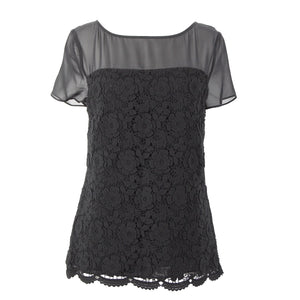 St John Sz 4 Black Sheer Lined Lace Overlay Floral Cotton Rayon Silk Dressy Top