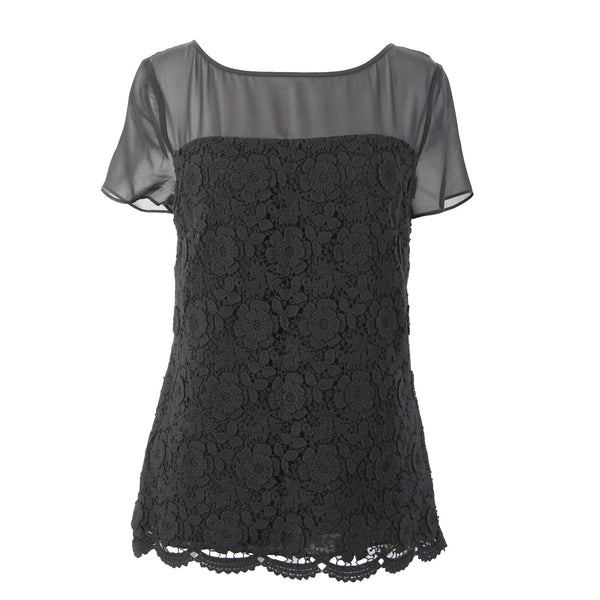 St John Sz 4 Black Sheer Lined Lace Overlay Floral Cotton Rayon Silk Dressy Top