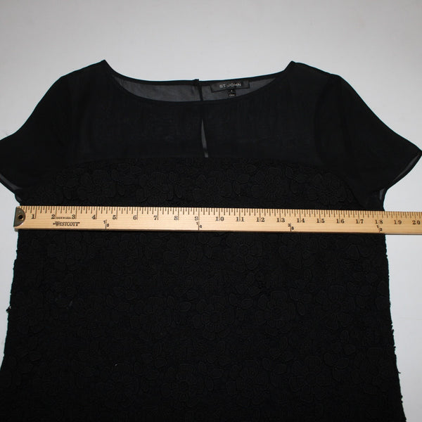 St John Sz 4 Black Sheer Lined Lace Overlay Floral Cotton Rayon Silk Dressy Top