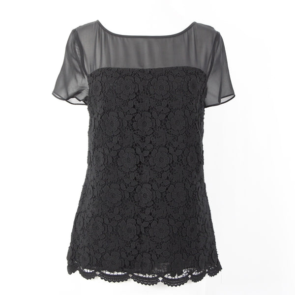 St John Sz 4 Black Sheer Lined Lace Overlay Floral Cotton Rayon Silk Dressy Top