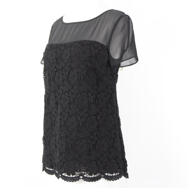 St John Sz 4 Black Sheer Lined Lace Overlay Floral Cotton Rayon Silk Dressy Top