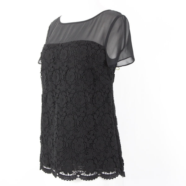 St John Sz 4 Black Sheer Lined Lace Overlay Floral Cotton Rayon Silk Dressy Top